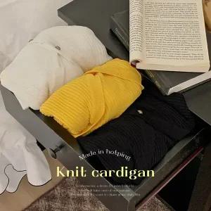 핫핑 니쥬 브이넥 핀턱퍼프 골지 니트가디건