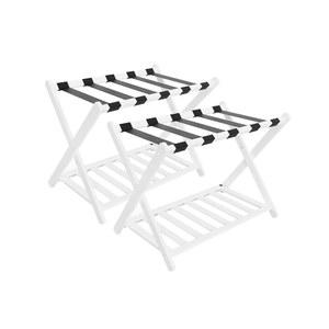 러기지 랙, 객실용 접이식 랙 2개 세트, 나일론 스트랩이 달린 대나무 여행 가방 스탠드, X자형 헤비 듀티 홀더, 호텔, 침실, 흰색