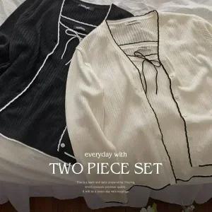 핫핑 [활용만점/데일리/여리핏][MADE] 루이나 배색라인 가디건+리본나시 니트세트set