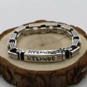 S925 순은남성팔찌 스털링 실버 티베트어 레트로 스퀘어 체인 하트 수트라 산스크리트어 만자