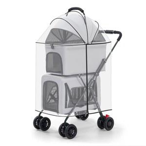 레인 커버가 달린 더블 도그 유모차, 분리형 애완동물 캐리어 가방 4륜 경량 방수 접이식 상자형 개 조깅 중형 소형견 고양이용 (회색)