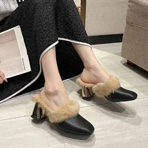 여성 털 퍼 털구두 미들힐 스퀘어 2컬러 펌프스 겨울-WFGCU2D