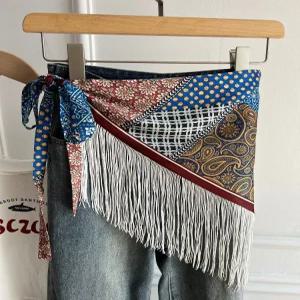 복고풍 프린지 레이스업 허리 삼각 스카프 청바지 포인트