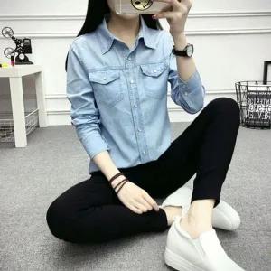 [하프클럽/]우먼 스타일링 캐쥬얼셔츠 스탠다드 데님 유니크 상의 연청 연