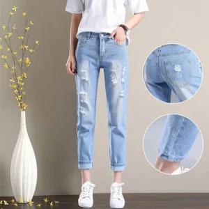 ONM 데님 하이 팬츠 여자 9부 연청 워싱 진청 청바지 웨스