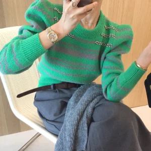 지그재그 배색 스트라이프 비즈 어깨 벌룬 퍼프 세미크롭 겨울 긴팔니트 (3color)