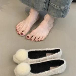 여성 퍼 방울 토끼털 플랫 슈즈