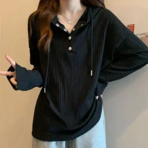 [라일리여성의류] Rly 골지 텍스처 버튼 후드 티셔츠 JSC-d0194