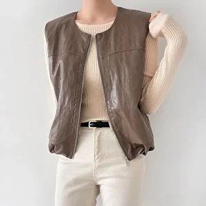 [옷자락]여자 가죽베스트 스트링 집업 투웨이 포켓 가을 조끼