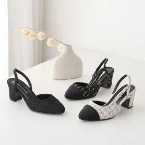 [아우트]배색 트위드 통굽 슬링백 미들힐