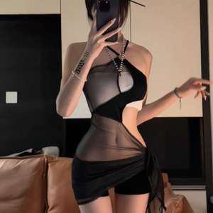 블랙 홀터넥 시스루 망사 슬립 섹시원피스 클럽의상 홀복