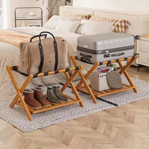 스마트 펜디 완전 조립 대나무 러기지 랙 팩 2개, 나일론 스트랩 5개가 달린 접이식 여행 가방 스탠드, 수납 선반, 객실, 침실, 호텔, 하니 오크에 이상적입니다