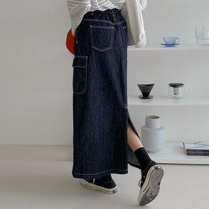다올샵 여성 논페이드데님 뒷밴딩 건방 롱스커트 딥블루