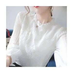 EAMT 여자 레이스 블라우스 이너 프릴넥 화이트 긴팔 티셔츠 EUNG3