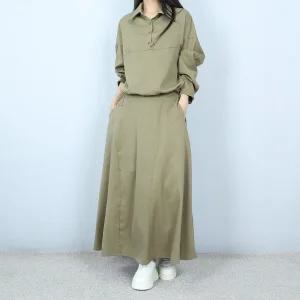 [파라노말샵](투피스) 스트링 긴팔 셔츠 남방 플레어 밴딩 롱 스커