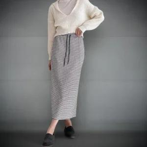 여성 H라인 스트라이프 하이웨스트 포켓 롱스커트