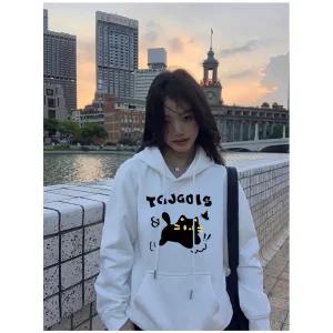 봄가을용 청춘 캠퍼스 스타일 패션 캐주얼 루즈핏 범용 심플하고 귀여운 고양이 프린트 남녀공용 다양한 컬러 가능한 커플 아이템 & 선물용 후드티