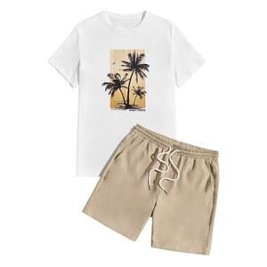 솔리 헉스 남성 여름 운동복 2피스 비치 의상 트로피컬 프린트 티와 반바지 세트