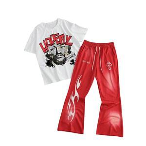 VIPWOLF 남성용 2피스 의상 반팔 레터 그래픽 티와 드로스트링 플레어 스웨트 팬츠 운동복 세트