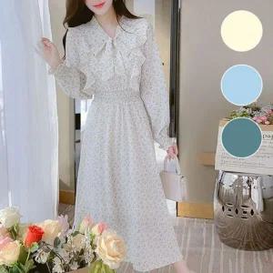 [하프클럽/]플라워 풀슬리브 롱기장 드레스 스트랩셔링 러플 사계절 롱드레