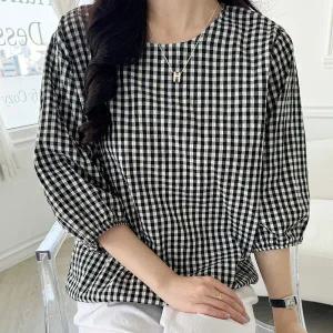 [하프클럽/루시다]레온 체크 퍼프7부소매 블라우스