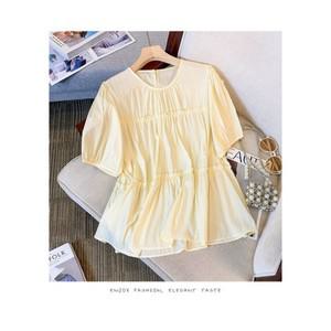 부엉구구 OW0237A 여성 여름 루즈핏 라운드넥 프릴 퍼프 반팔 셔츠 블라우스