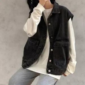 [다잇템] 여성 주머니 청자켓 면혼합 캐쥬얼 검정 베스트