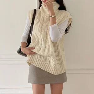 마고 피셔 꽈배기 터틀넥 루즈핏 레이어드 롱 니트 조끼 베스트