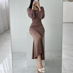 /옷자락 여자 시스루 네모넥 머메이드 롱원피스