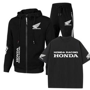 남성용 운동복 Honda HRC 지퍼 후드 티셔츠 바지 여름 탑 반팔 티셔츠 2 피스 세트 오토바이 레이싱 복장