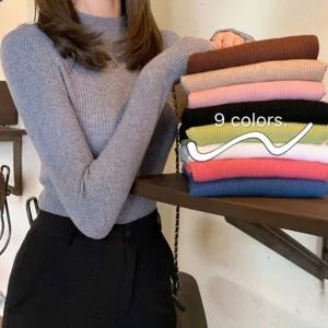 [유토피아]여자 데일리 컬러 반폴라 골지 니트 티 슬림 핏 코디 여성니트티여성목티 니트티셔츠폴라목티 이