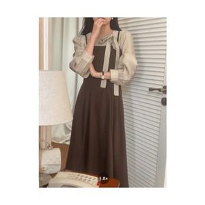 루어스룸 킨더 여자 라운드넥 가을 어깨 셔링 긴팔 리본 매듭 쉬폰 타이 하객룩 블라우스