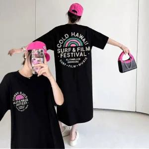 앞뒤 라운드 프린팅 편한 여성 오버핏 반팔원피스