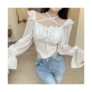 스트릿제이 쉬폰 오프숄더 홀터라인 뒷 스모그 블라우스