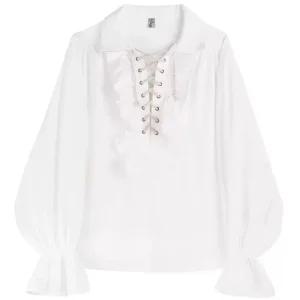 남자 루즈핏 프릴 무대 중세 흰색 스트랩 블라우스 공연