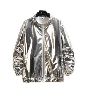 실버 남성용 긴 소매 재킷, 라운드 넥 지퍼 컨트롤 코트, 캐주얼 탑에 적합, 무대 공연에 적합