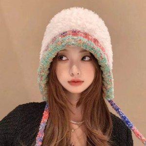 은창)컬러믹스 포인트컬러 뜨개탑 스트랩 햇 털모자 따뜻함 가을철 윈터 여자 베스트 여성용벙거지 볼캡 히