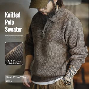 Maden 레트로 니트 폴로 셔츠 느슨한 커피 컬러 옷깃 스웨터 가을 겨울 남성 삼촌 푸 점퍼 캐주얼 니트웨어