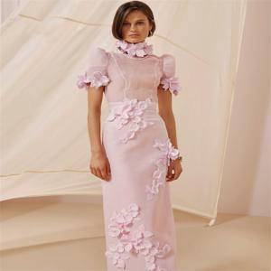 맞춤형 고품질 핑크 드레스 발목 길이 반팔 아플리케 지퍼 فساتين مناسبات مصمم Abendkleider Hochzeit