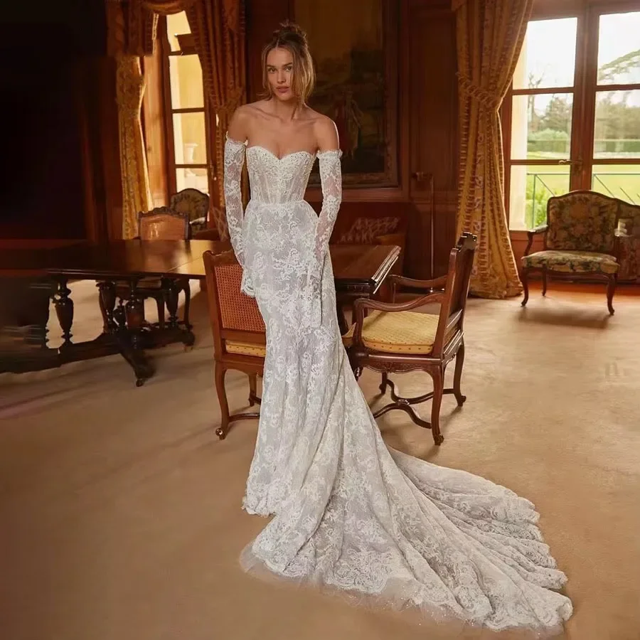 맞춤형 럭셔리 긴 소매 웨딩 드레스 오프 숄더 레이스 인어 연인 신부 가운 vestidos de novias