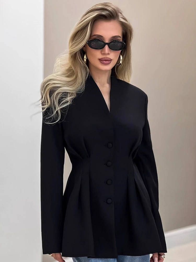 FDYOUI 우아한 v 넥 튜닉 블랙 슈트 2025 가을 여성 긴 소매 싱글 브레스트 슬림 블레이저 Ruched Outerwear streetwear
