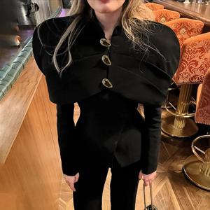 트렌딕스 블랙 엘레강트 블레이저 여성용 2025 가을 패션 골드 버튼 패치워크 재킷 코트 파티 빈티지 출퇴근용 수트 재킷