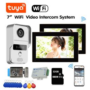 Tuya 스마트 7 인치 2 모니터 WiFi 1080P 비디오 초인종 야외 도어 벨 카메라 시스템 인터콤 유도 카드 잠금 장치로 잠금 해제