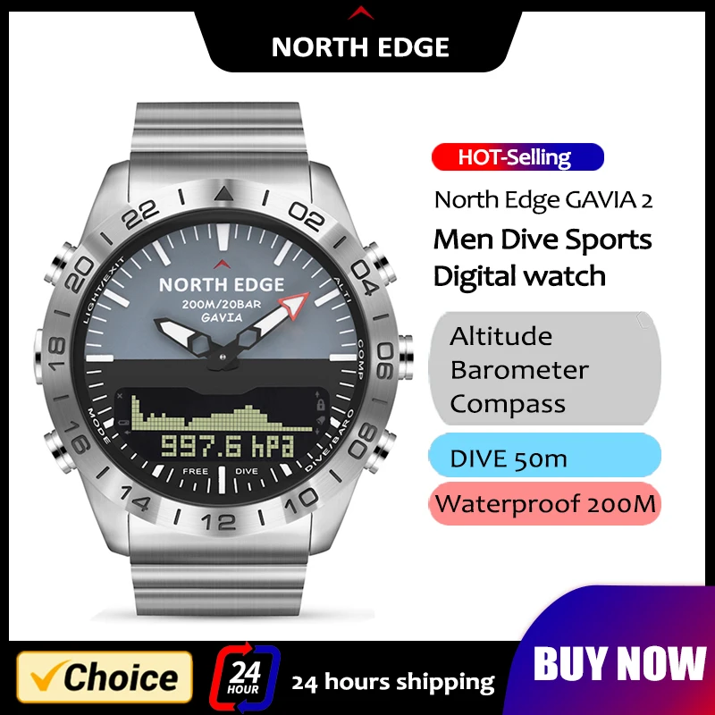 NORTH EDGE Mens 다이브 시계 밀리터리 아미 럭셔리 풀 스틸 Smartwatch 나침반 고도계 기압계 디지털 시계 방수 200m