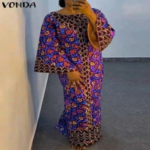 플러스 사이즈 VONDA 보헤미안 드레스 2025 우아한 여성 인쇄 Sundress 빈티지 플레어 긴 소매 맥시 Vestidos o-넥 가운 여름