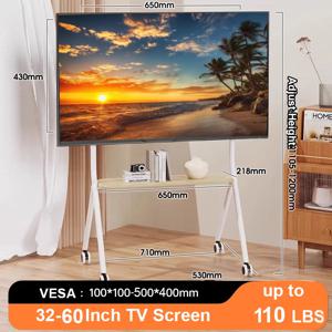 BEISHI 모바일 롤링 TV 스탠드(목재 선반 포함), 거실 야외용 32-60인치 TV용 롤러 TV 카트 조립이 용이함