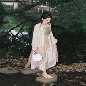 새로운 중국 스타일 Hanfu 스트랩 드레스 여성 여름 태양 보호 사무복 세트 녹색 아이비 우아한 심플한 디자인