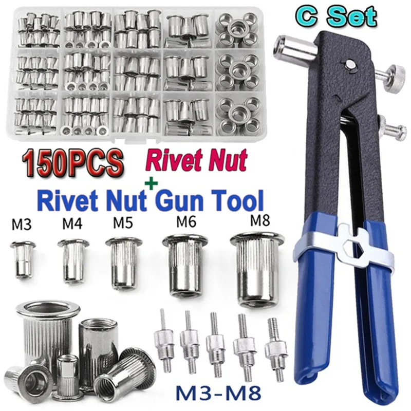 150PCS 리벳 너트 플라이어 맨드릴 키트 M3/M4/M5/M6/M8 너트 리벳 맨드릴 Repairtool Rivetgun 플랫 헤드 스크류 팝 너트 리벳 플라이어 세트