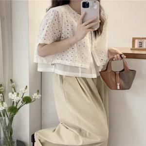 아울렛 브랜드 여성 셔츠 디자인 센스 유럽 스타일 스플라이싱 오지샤 반팔 라운드넥 스트레이트 컷 출퇴근 스타일