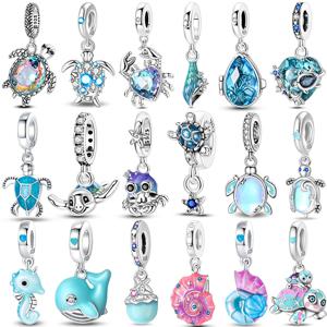 패션 925 스털링 실버 여름 바다 세계 시리즈 바다거북 불가사리 게 문어 참 비즈 925 팔찌 DIY 쥬얼리에 맞습니다